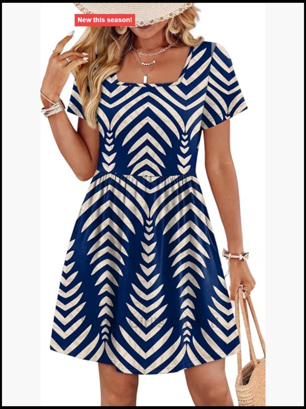 Square Neck A-Line Sundress with Pockets, Short Sleeve Casual Dress